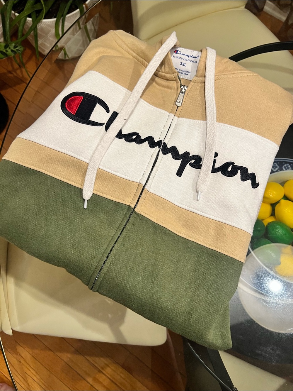 Men's Champion Two-Tone Zip Hoodie — Tan & White